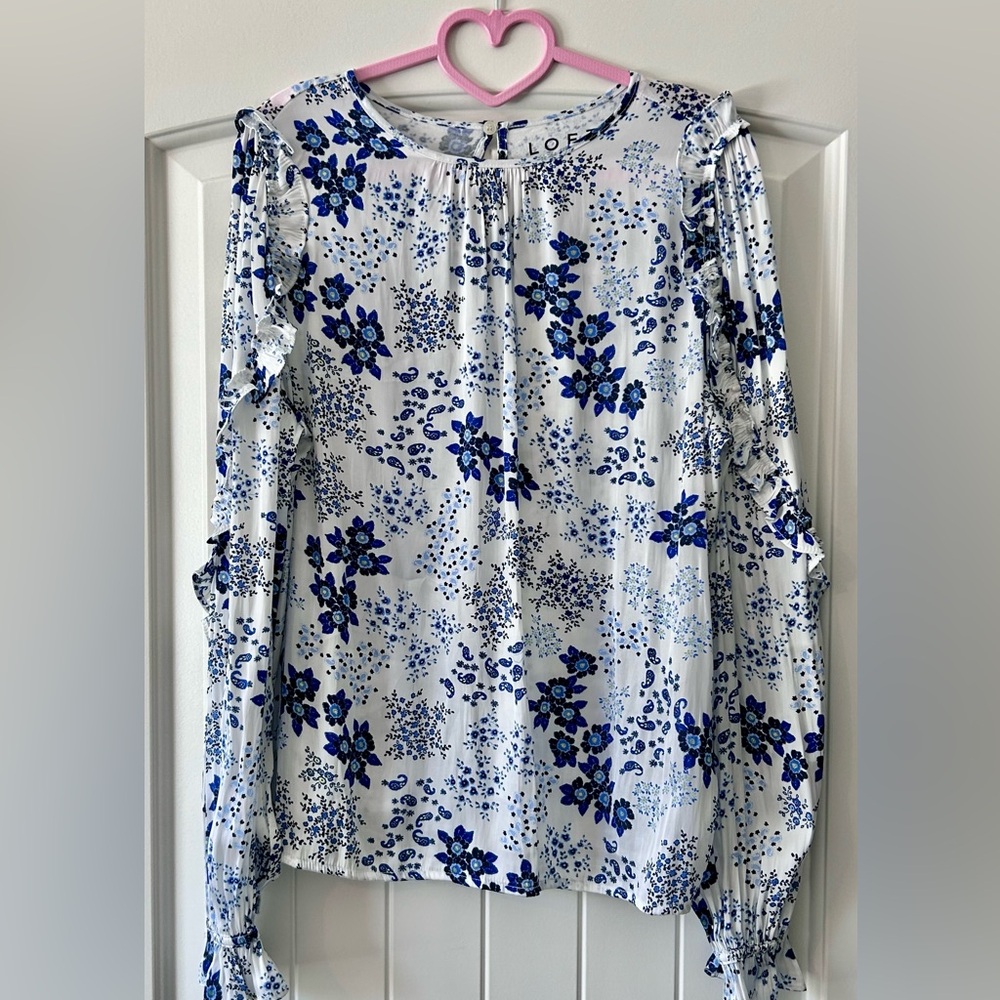 LOFT White Top with Blue Floral Print and Pink Trim